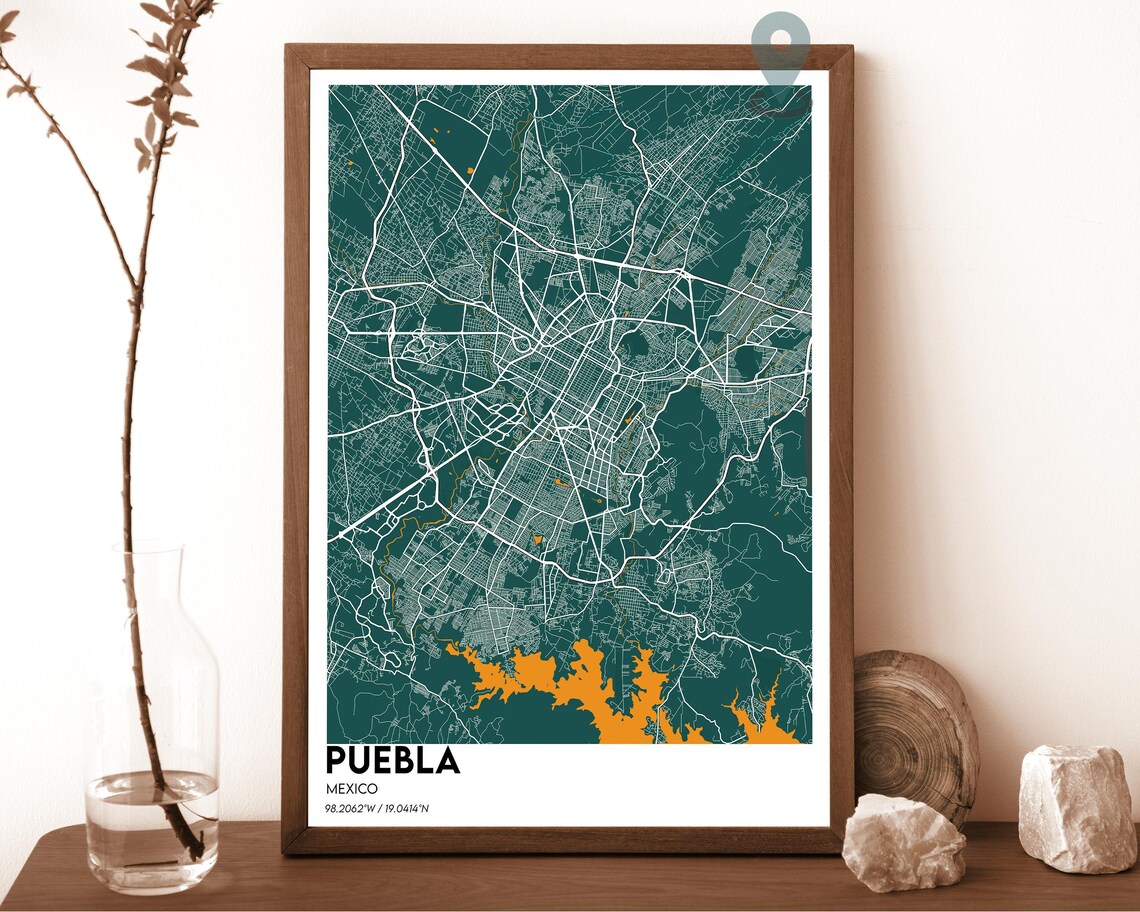Puebla Mexico Teal Orange Minimalist City Map Home Decor Poster Art