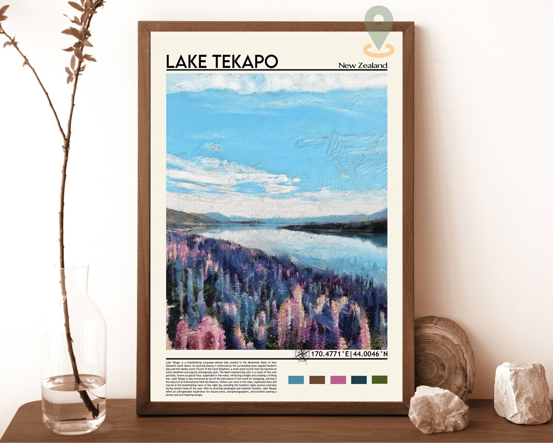 Lake Tekapo New Zealand Turquoise Lake Lupin Travel Photo Poster