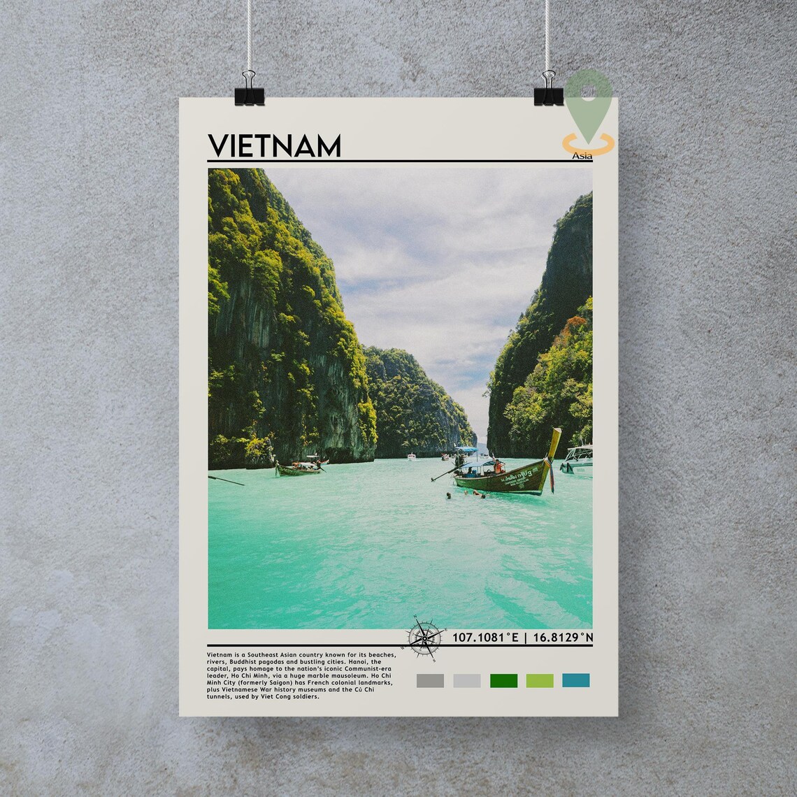 Vietnam Karst Bay Longtail Boats Turquoise Water Asia Travel Poster - Image 4