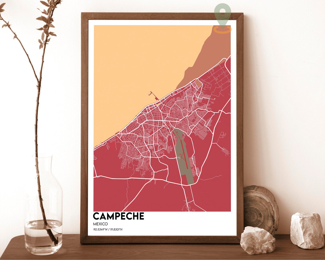 Campeche Mexico Modern City Map Poster in Navy and Gold Tones - Image 3