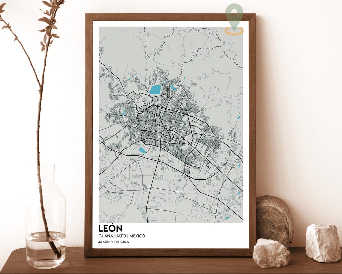 Leon Guanajuato Mexico Deep Red Bold City Map Framed Decor Poster - Image 6