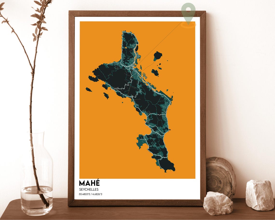 Mahé Seychelles Sunny Island Tropical Green Yellow Map Poster - Image 5
