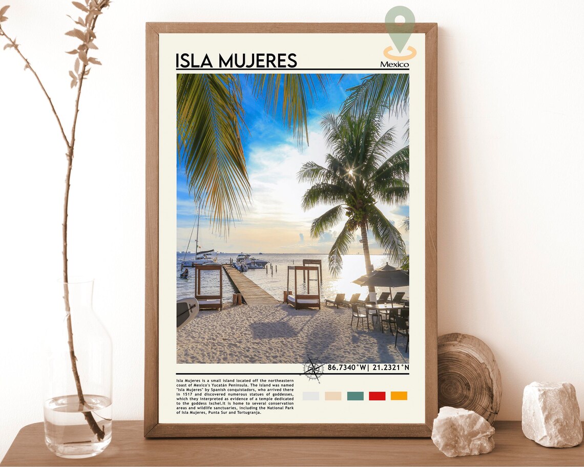 Isla Mujeres Mexico Caribbean Beach Palms Pier Sunset Travel Poster