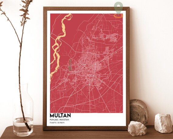 Multan Punjab Pakistan Crimson Red Modern City Map Art Poster