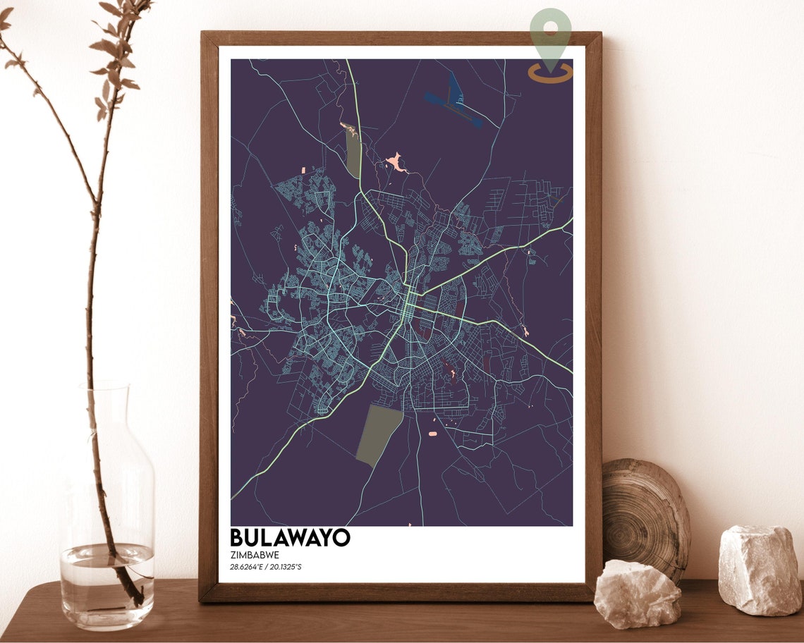 Bulawayo Zimbabwe City Map Art Poster Navy Magenta Modern Decor - Image 3