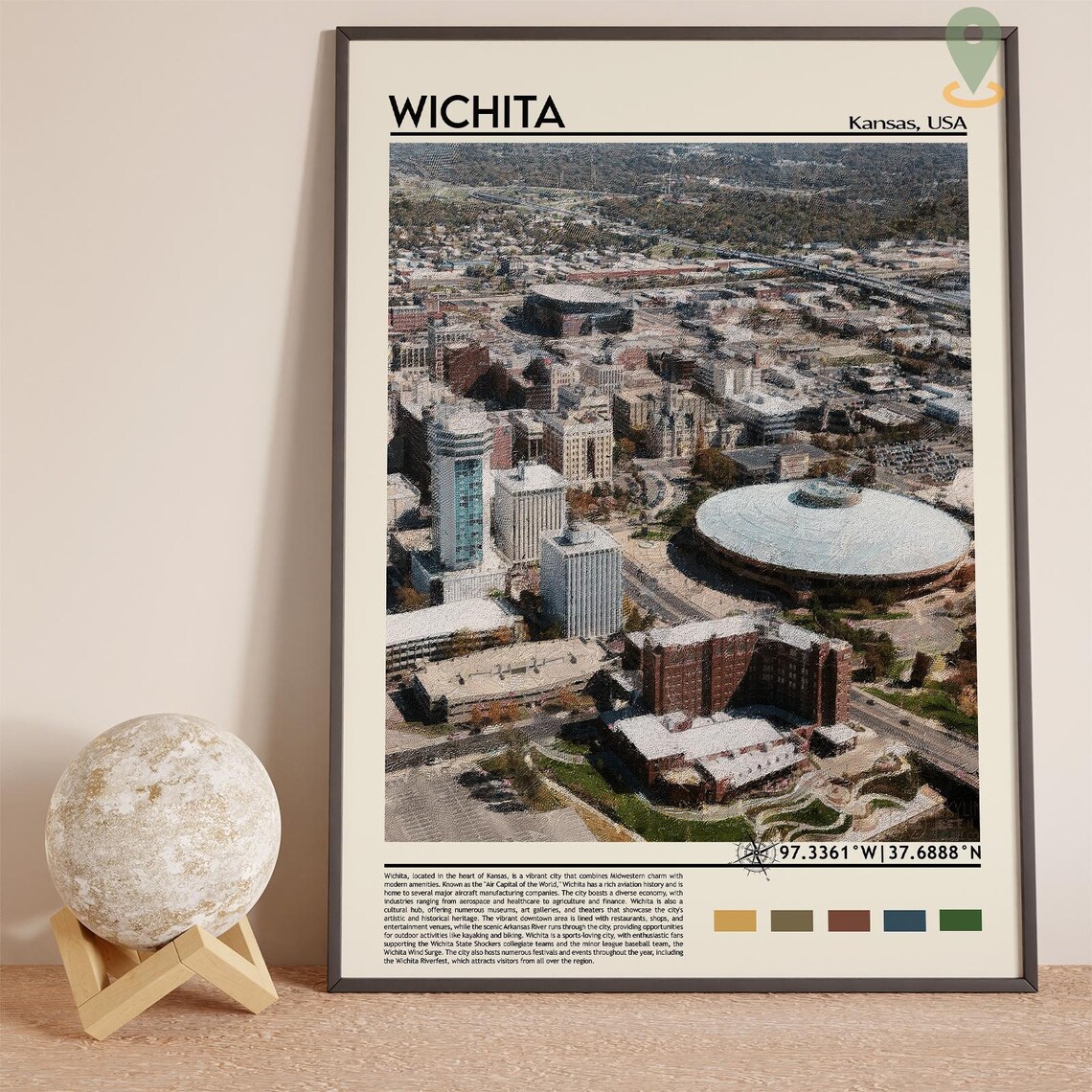 Wichita Kansas Downtown Aerial City View Oil Paint Art Poster - Image 3