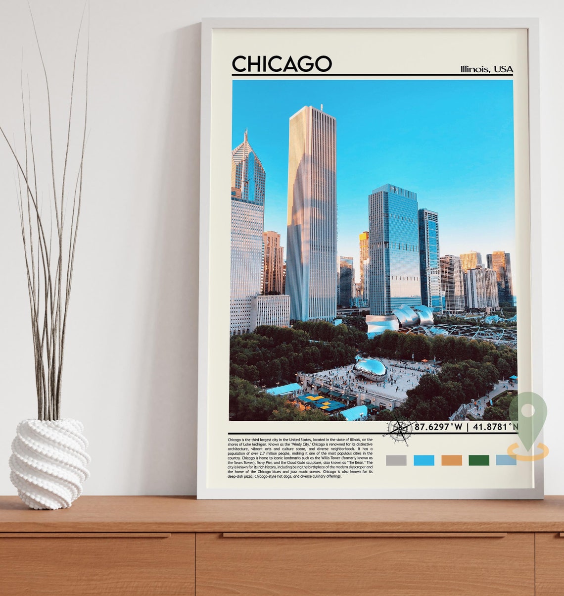 Chicago Illinois Skyline with Cloud Gate Bean Sculpture Travel Poster - Image 2