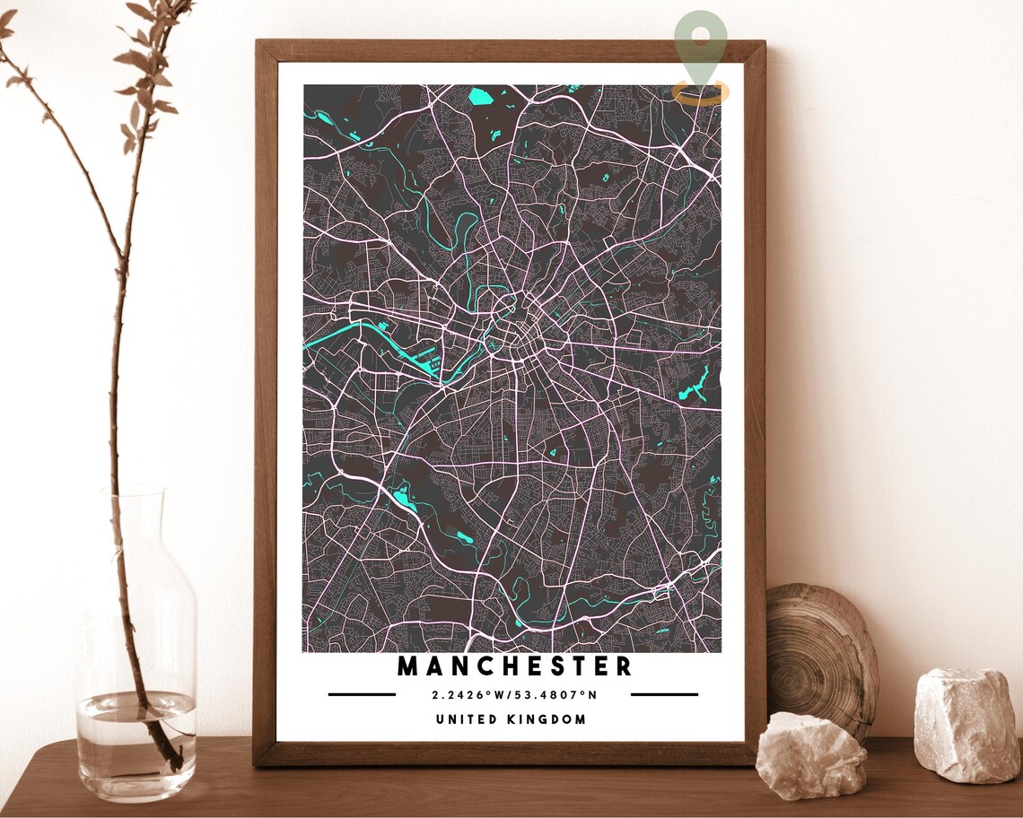 Manchester United Kingdom City Map Dark Modern Amber Street Art Poster - Image 2