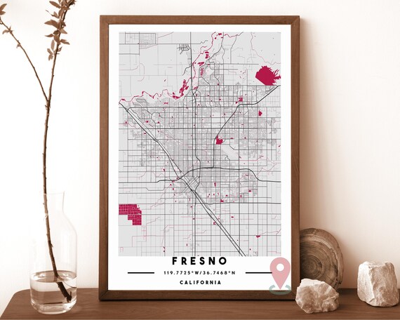 Fresno California White Red Minimal City Street Map Art Poster