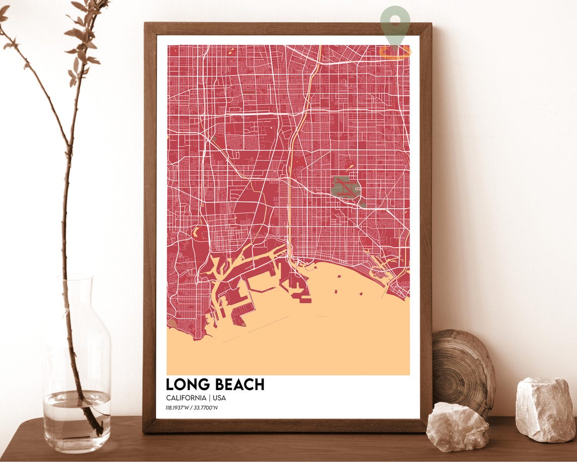 Long Beach California Navy Mustard City Street Map Coastal Art Poster - Image 4