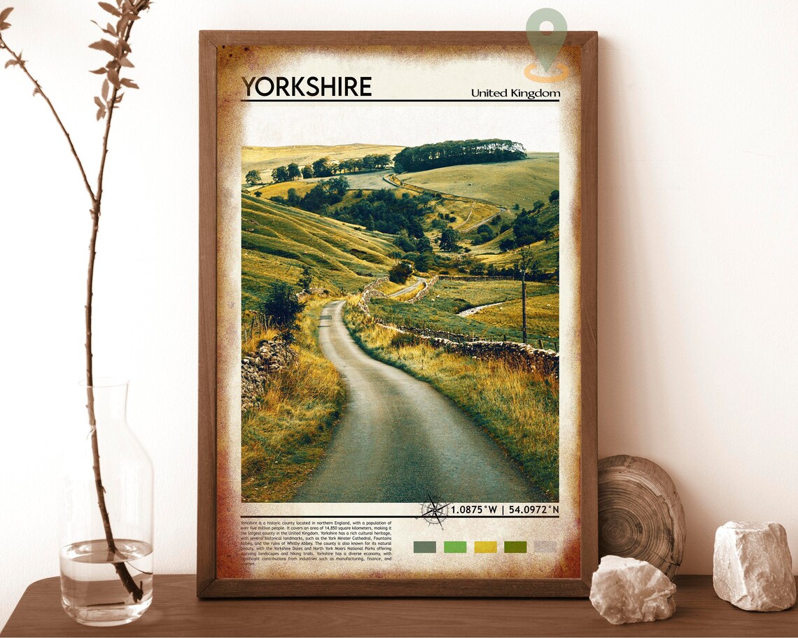 Yorkshire England Rolling Green Hills Country Lane Vintage Poster - Image 6