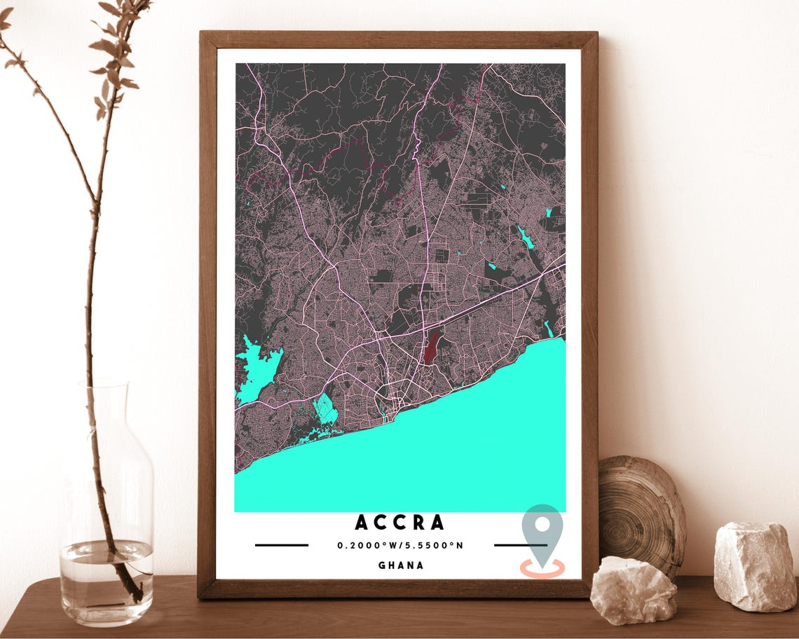 Accra Ghana navy with bold gold water Street Map Coordinates Poster - Image 5