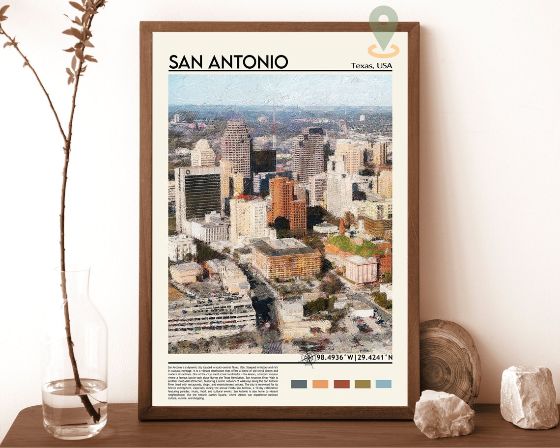 San Antonio Texas Downtown Skyline Painted Cityscape Travel Poster
