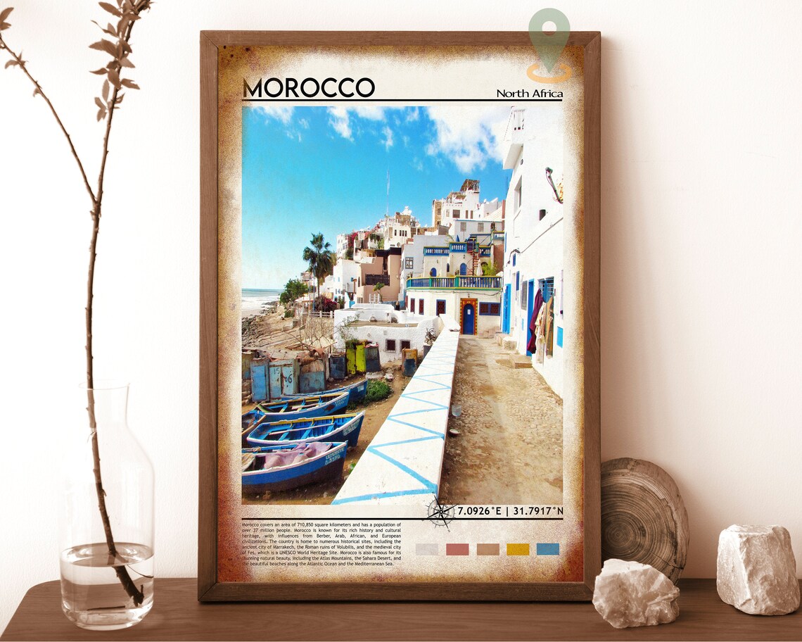 Morocco Blue Fishing Boats Whitewashed Village Coastal Travel Poster - Image 6