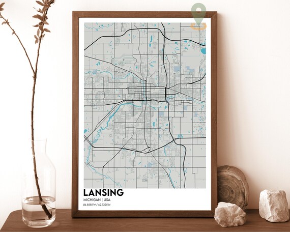 Lansing Michigan City Map Light Modern Minimal Street Grid Poster