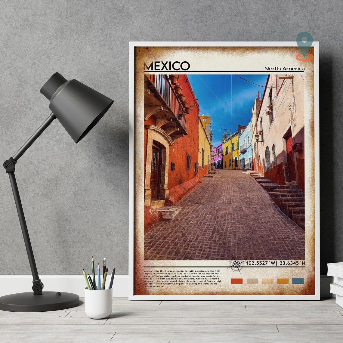 Mexico Colorful Colonial Cobblestone Street Old Town Art Poster - Image 4