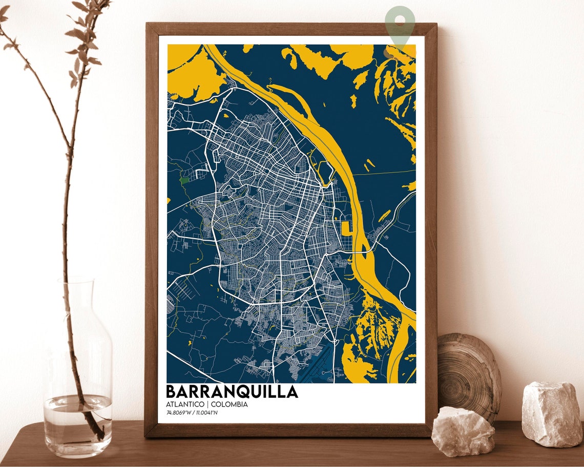 Barranquilla Colombia Atlantico Navy Gold River City Map Poster