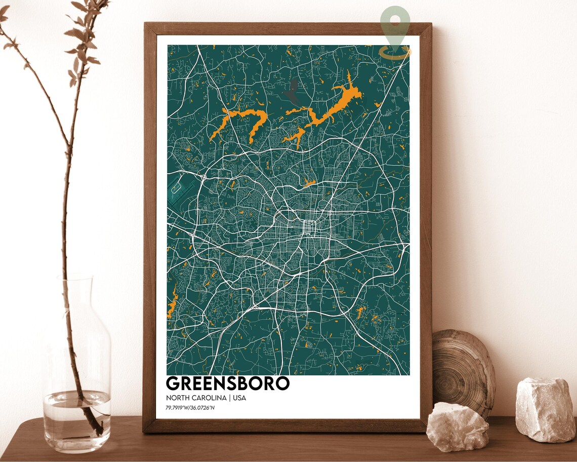 Greensboro North Carolina Teal Orange City Map Home Decor Poster