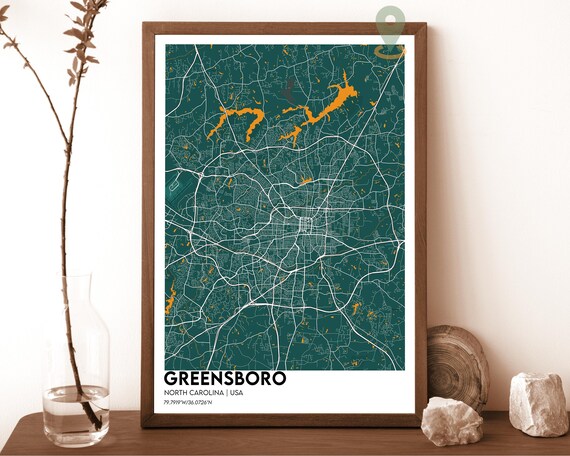 Greensboro North Carolina Teal Orange City Map Home Decor Poster