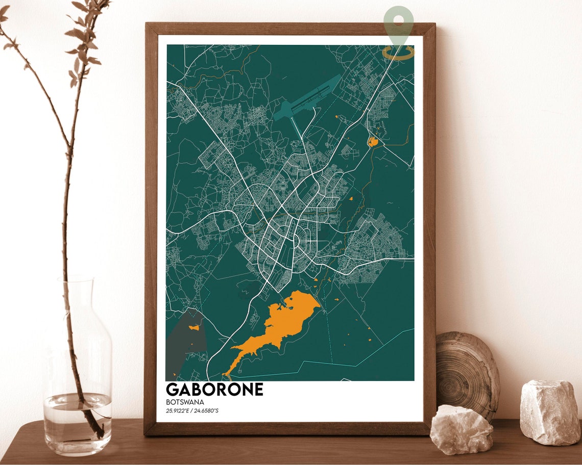 Gaborone Botswana Dark City Map White Streets Blue Water Poster - Image 6