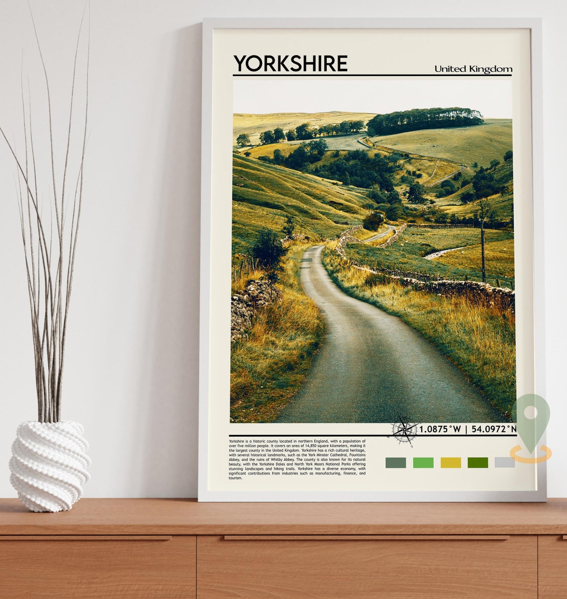 Yorkshire England Rolling Green Hills Country Lane Vintage Poster - Image 5