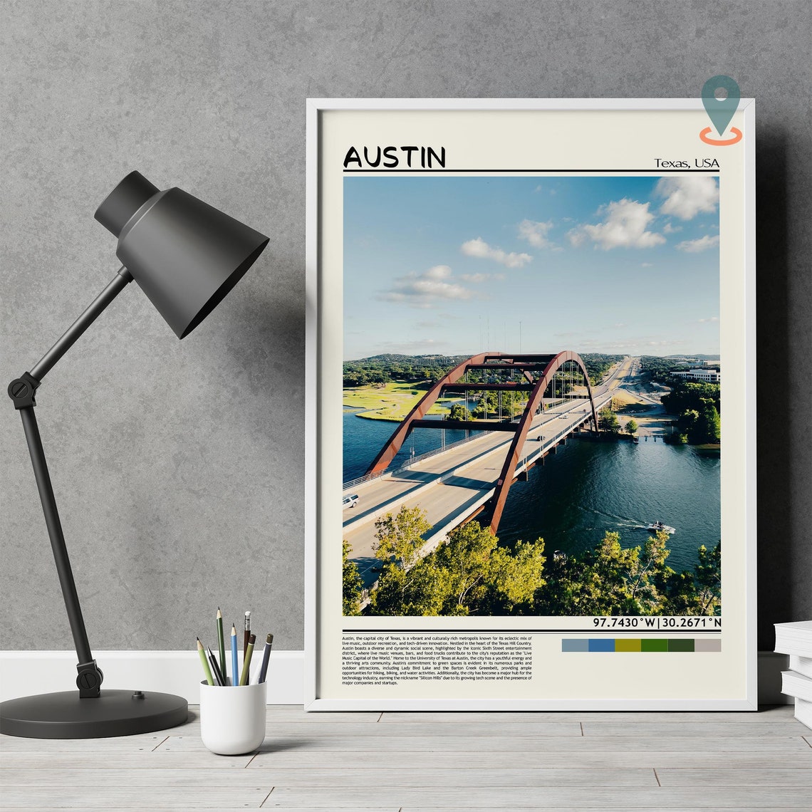 Austin Texas Pennybacker Bridge Aerial River Cityscape Travel Poster - Image 4