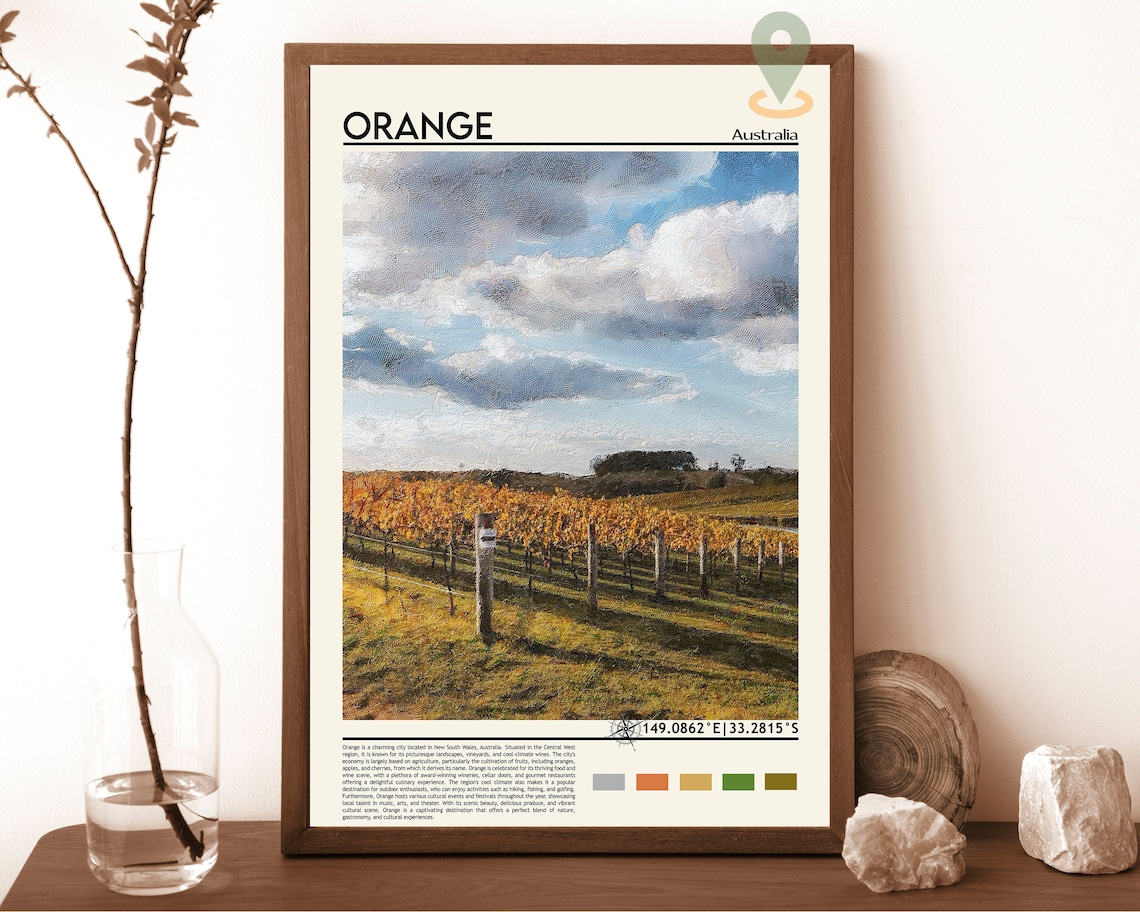 Orange Australia Golden Vineyard Rows Wine Country Travel Poster