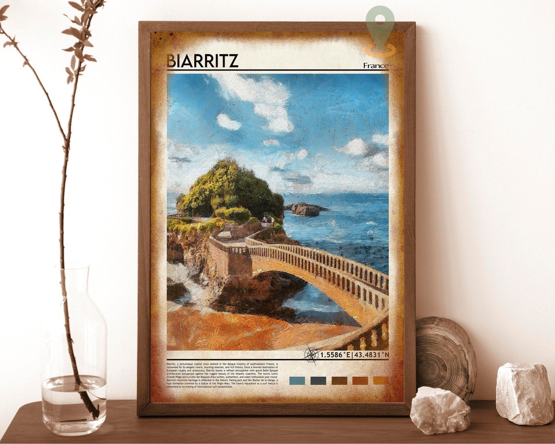 Biarritz France Rocky Coast Bridge Seascape Painterly Art Poster - Image 6