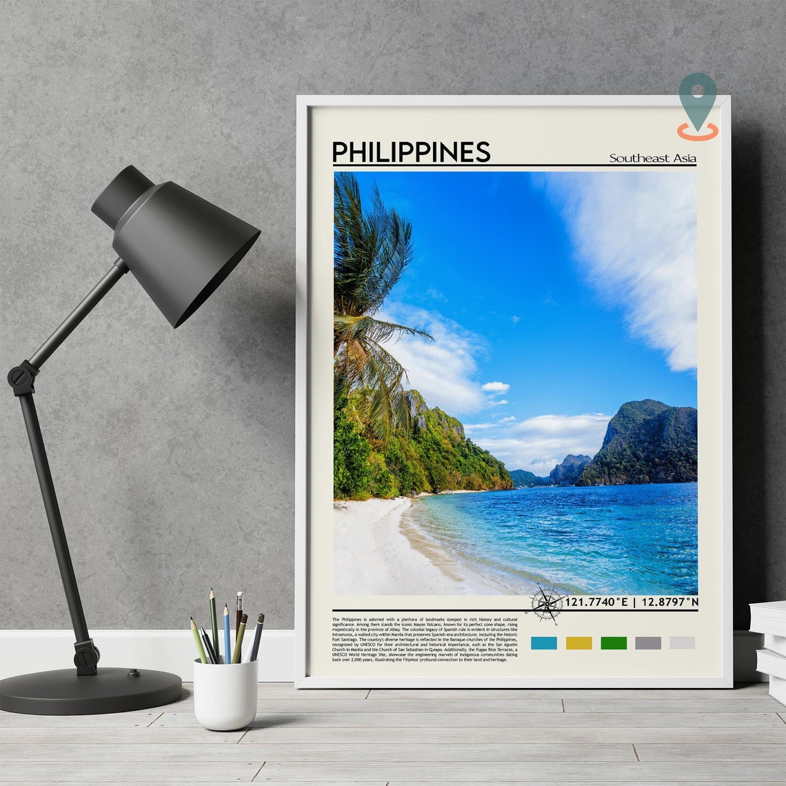 Philippines Tropical Beach Palm Trees Karst Cliffs Travel Poster - Image 2