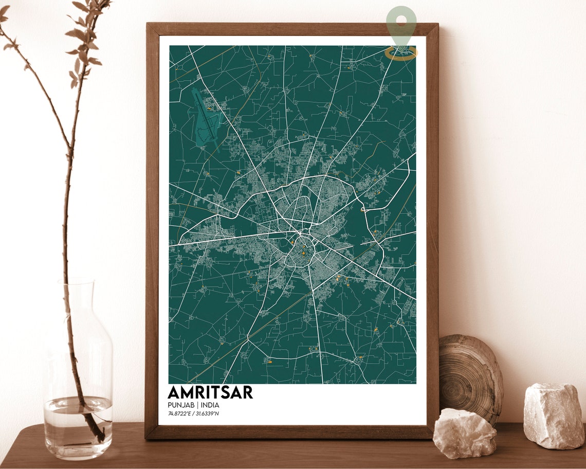 Amritsar Punjab India Modern Dark Style City Street Map Poster - Image 3