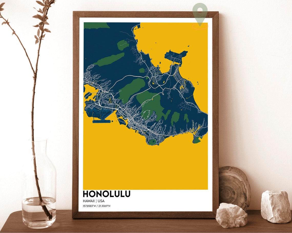 Honolulu Hawaii Oahu Island Dark Blue Ocean Map Beach Art Poster - Image 2