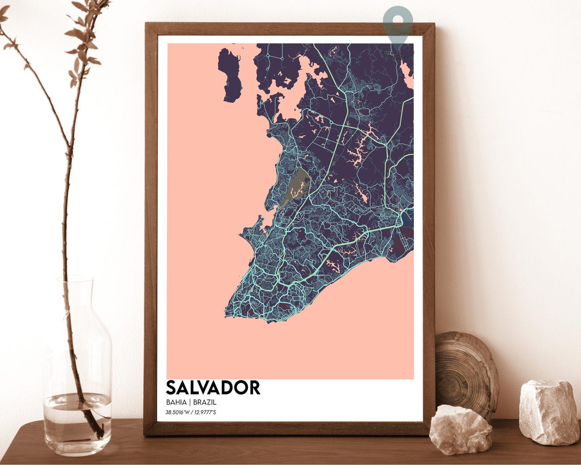 Salvador Bahia Brazil Blush Pink Dark Navy City Map Home Decor Poster