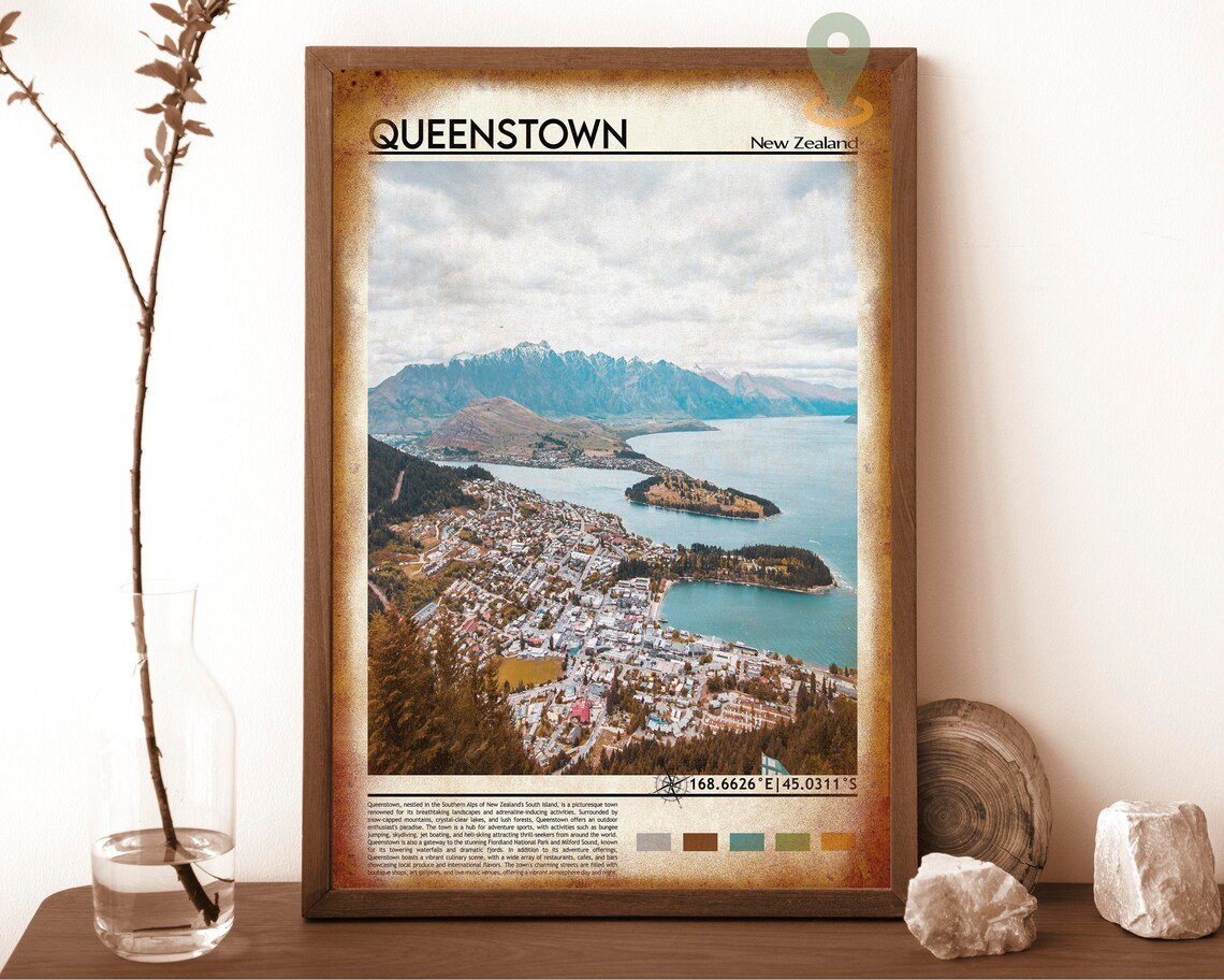 Queenstown New Zealand Lake Wakatipu Aerial Town View Travel Print - Image 6