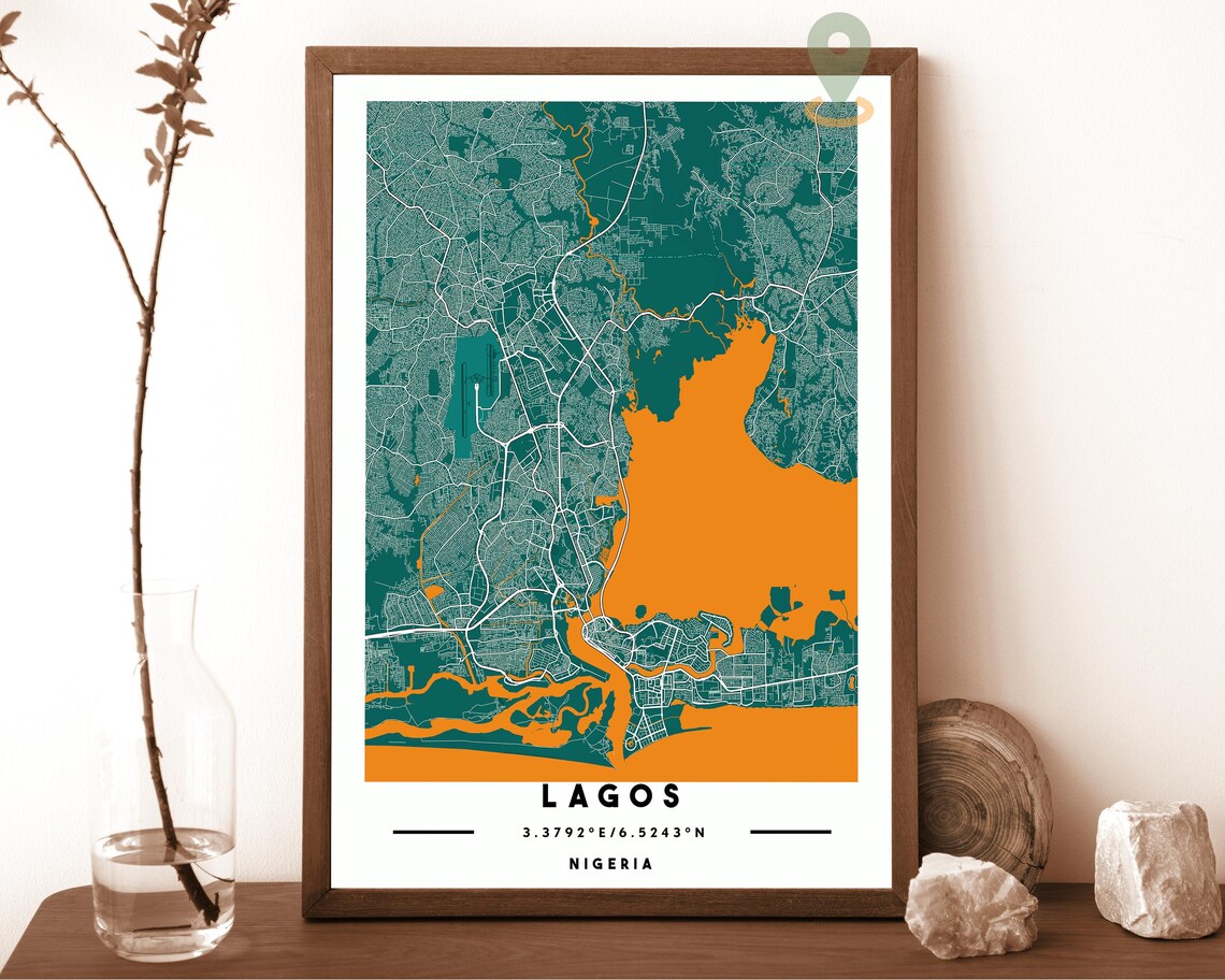 Lagos Nigeria charcoal with bold orange water Street Map Coordinates Poster - Image 5