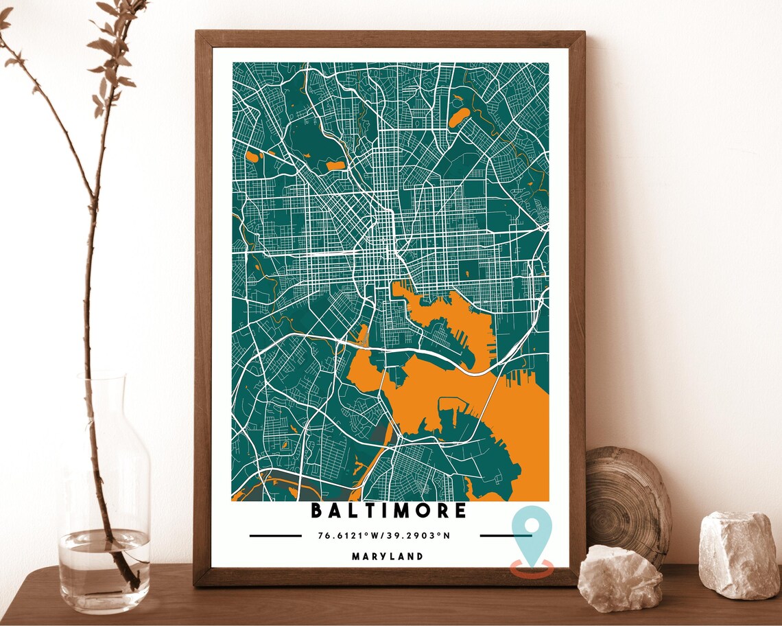 Baltimore Maryland teal with an orange harbor Street Map Coordinates Poster