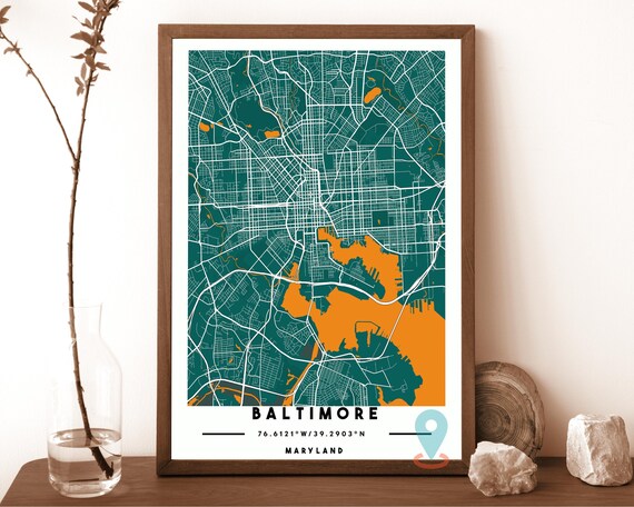 Baltimore Maryland teal with an orange harbor Street Map Coordinates Poster