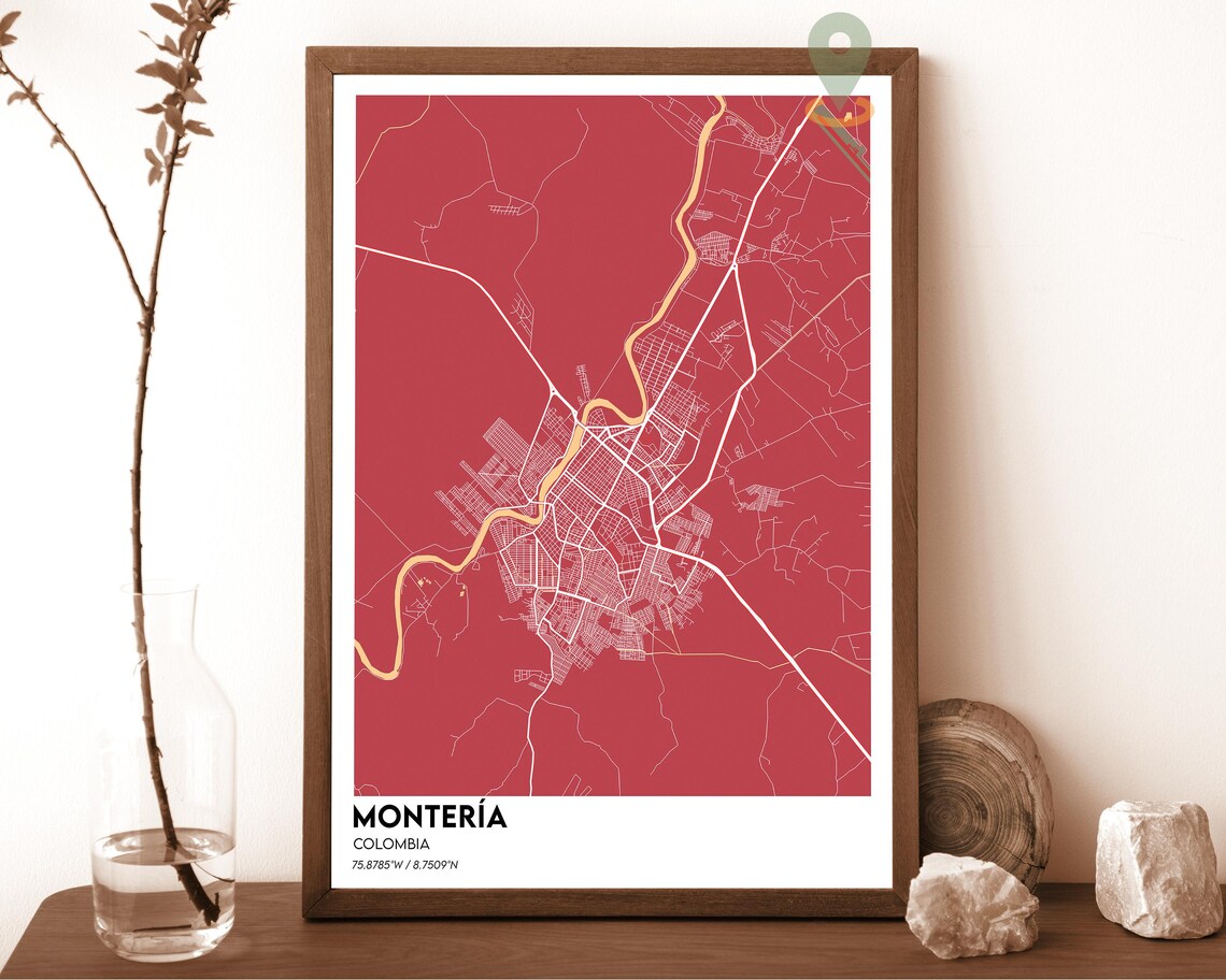 Monteria Colombia dark teal with an orange river Street Map Coordinates Poster - Image 4