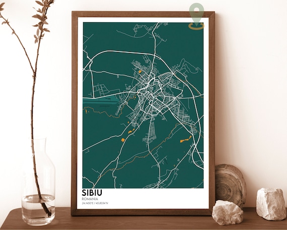 Sibiu Romania Transylvania Dark Green Minimalist Map Art Poster