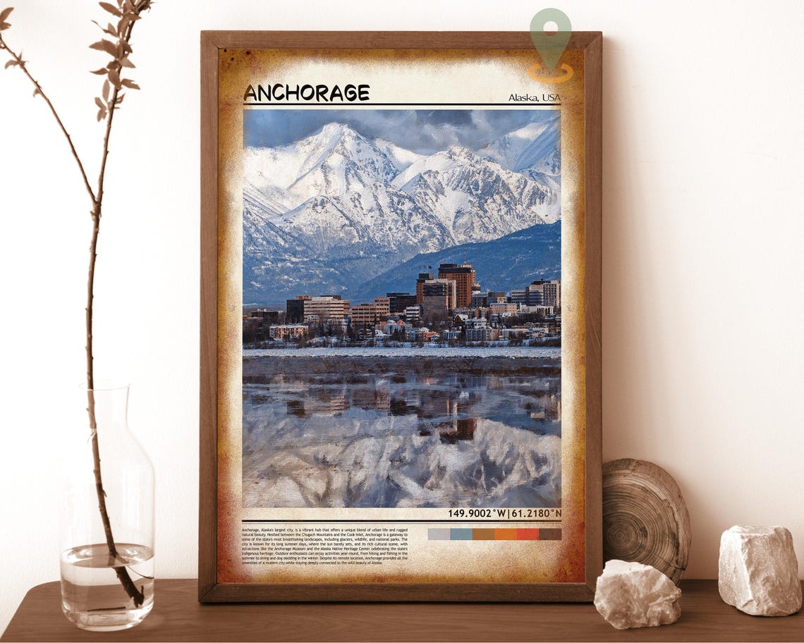 Anchorage Alaska Snowy Mountains Painted City Vintage Travel Poster - Image 6