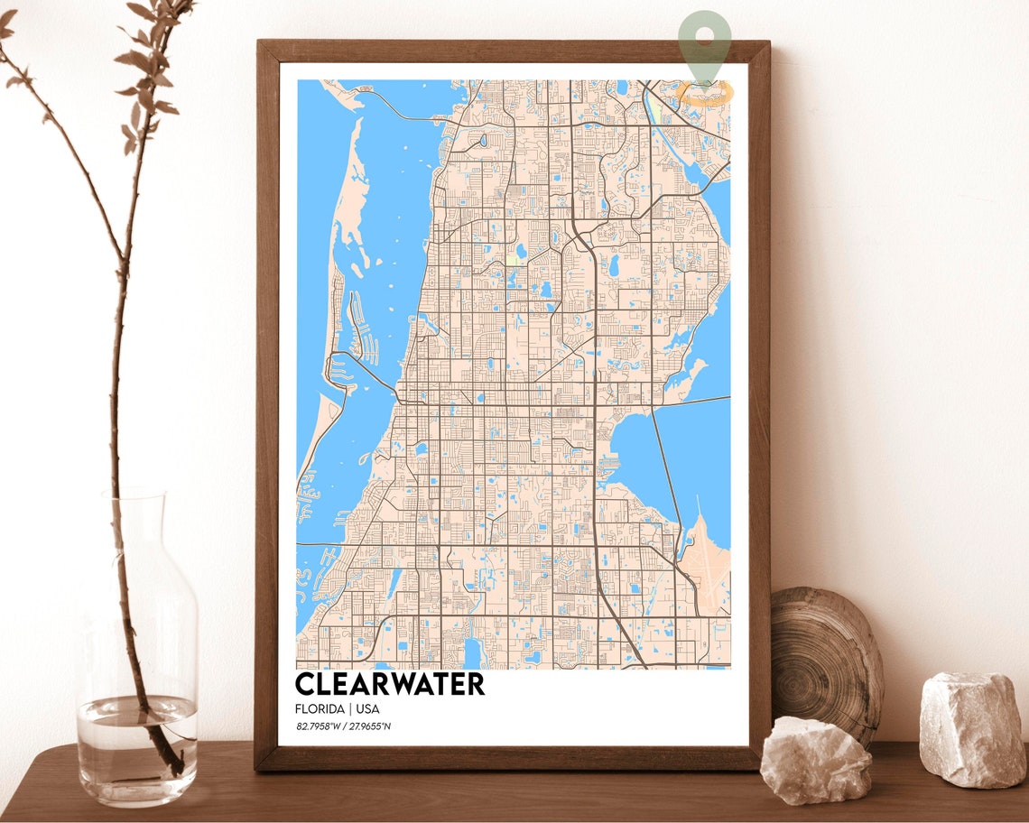 Clearwater Florida Street Map Beach City Grid Coastal Blue Art Print
