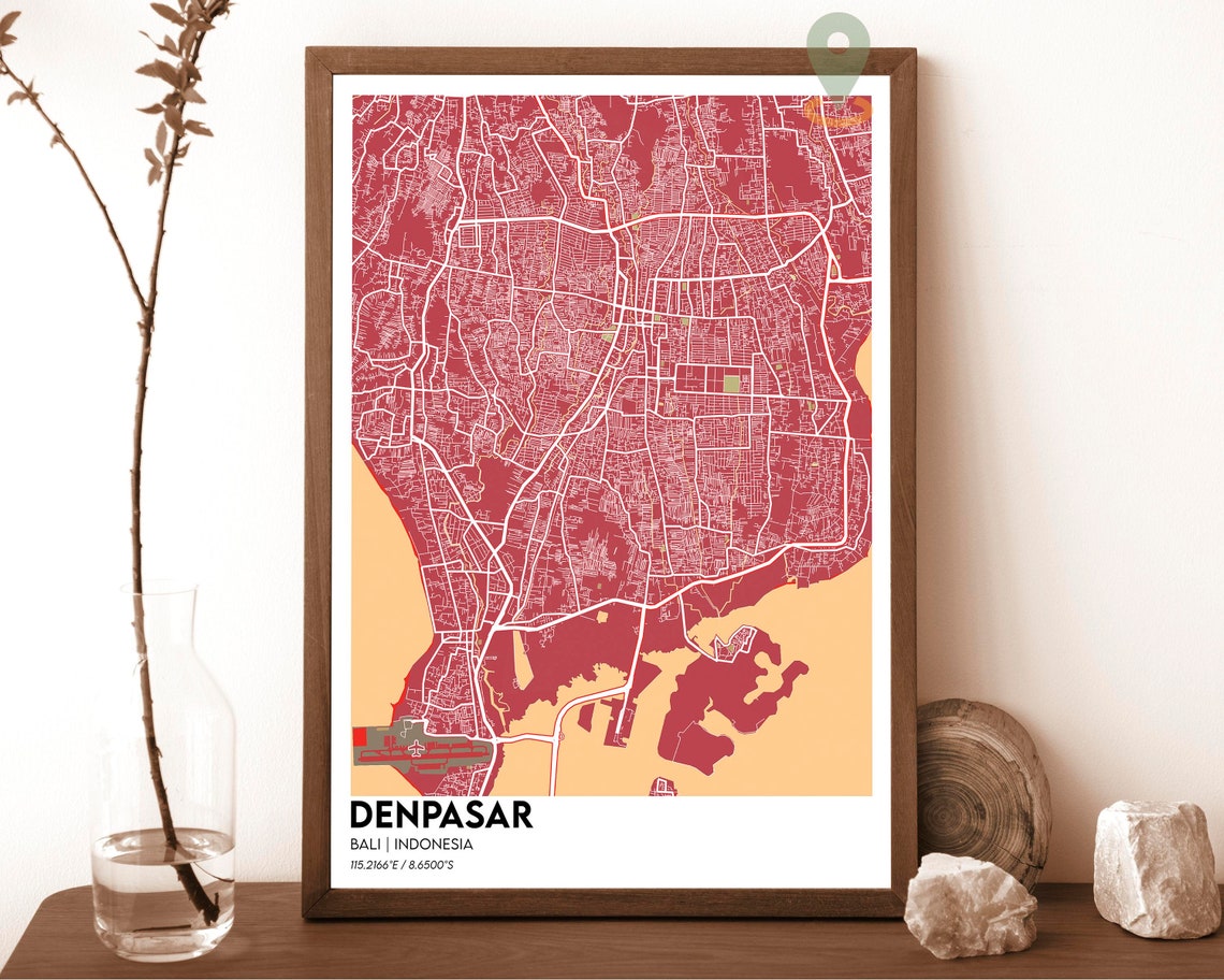 Denpasar Bali Indonesia Navy Yellow Coastal City Map Art Poster - Image 3