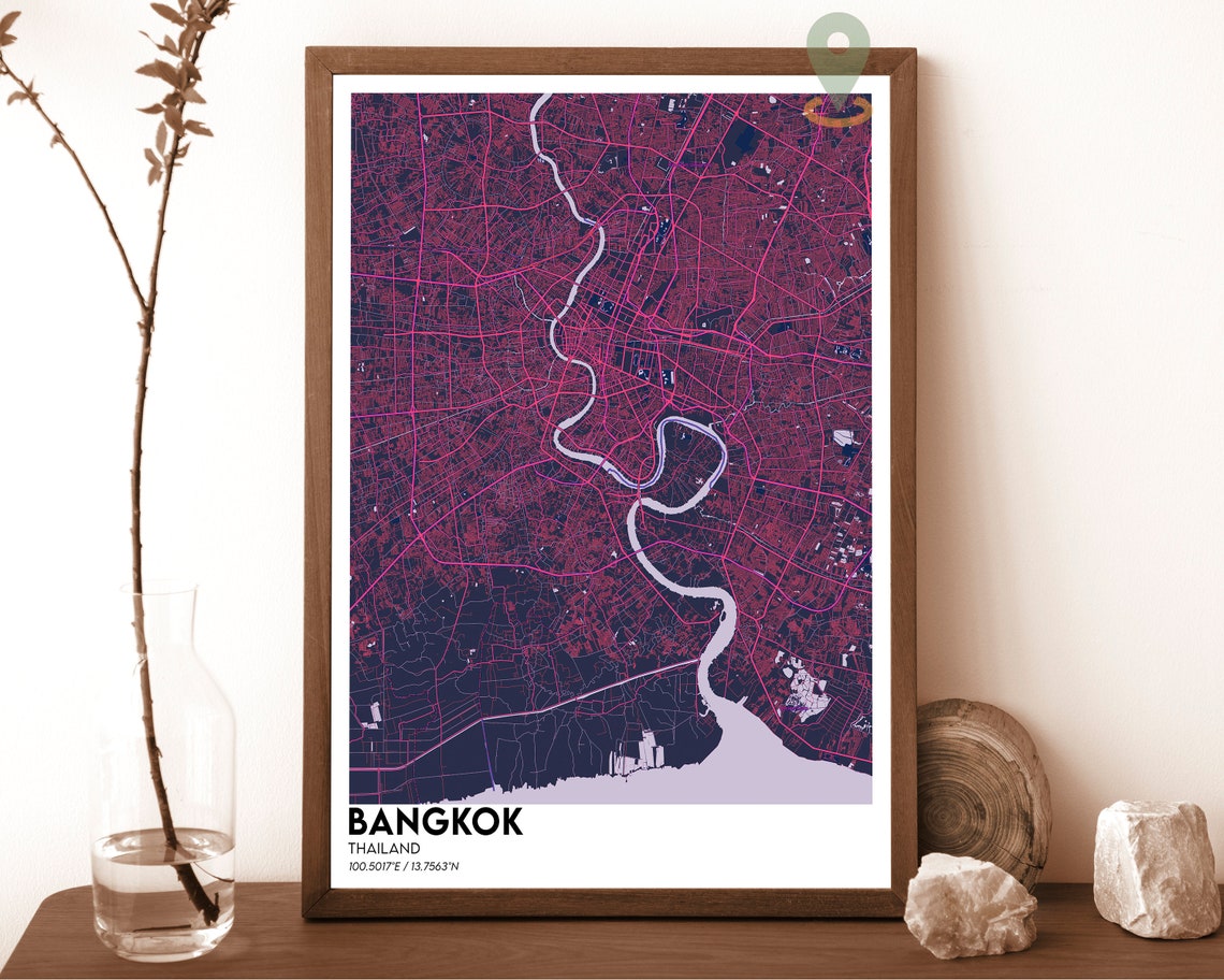 Bangkok Thailand City Map Night Dark Orange River Street Grid Poster - Image 2
