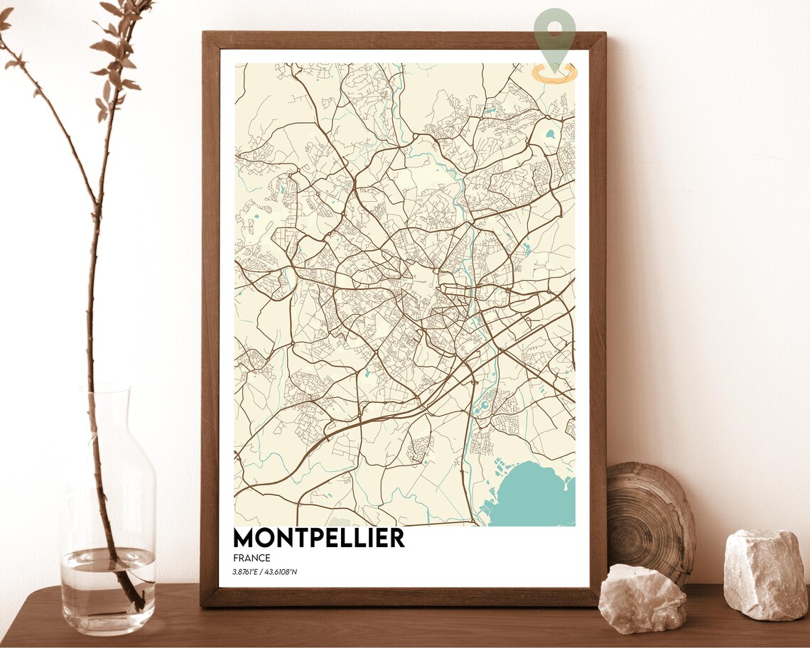 Montpellier France vintage sepia with blue water Street Map Coordinates Poster - Image 5