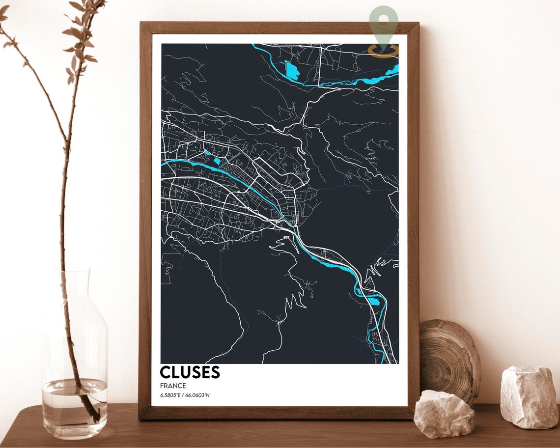 Cluses France City Map Deep Navy Gold Modern Street Wall Art - Image 3