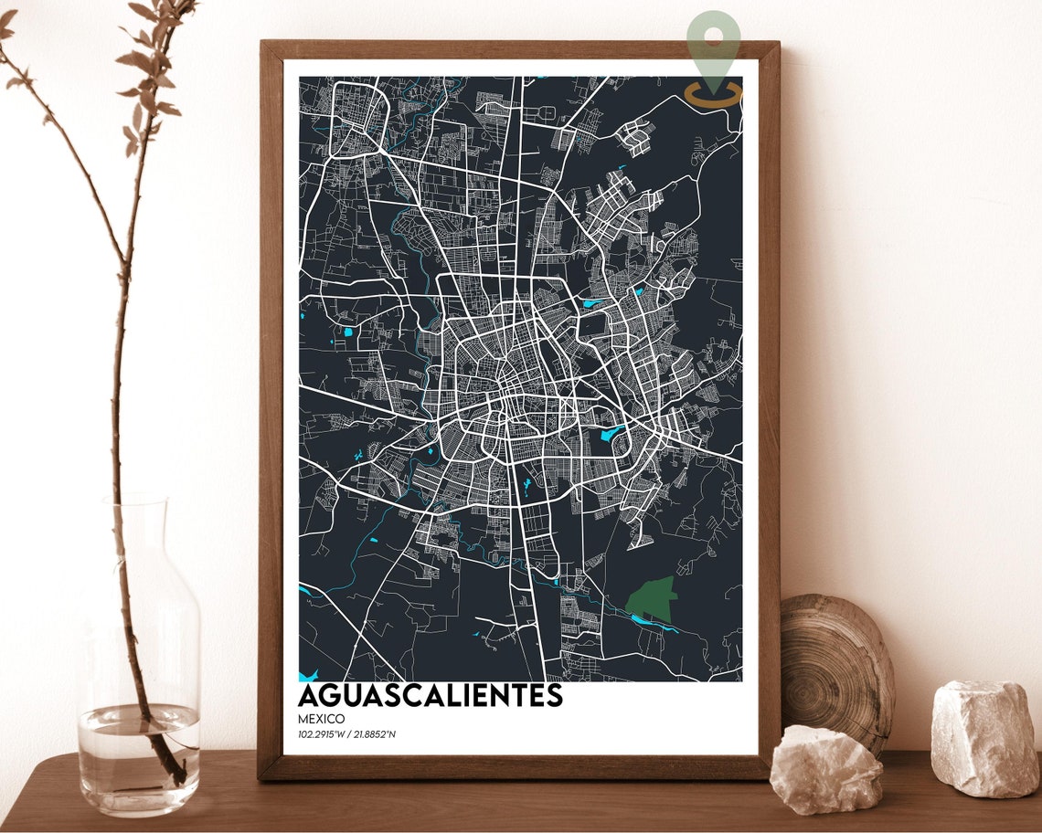 Aguascalientes Mexico Dark Modern Urban City Map Wall Decor Poster
