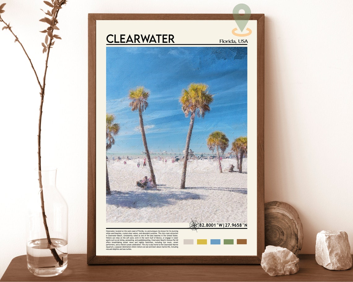 Clearwater Florida White Sand Beach Palm Trees Travel Poster