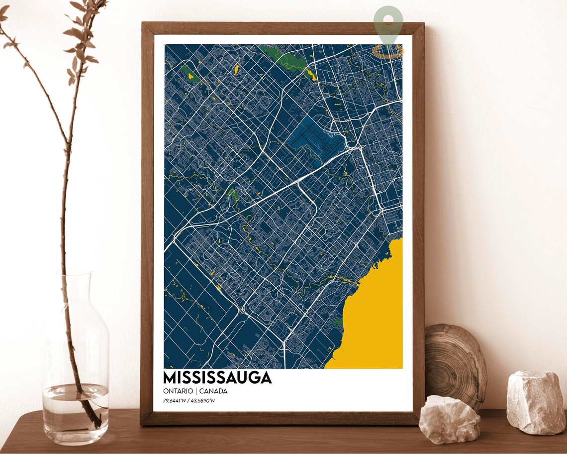 Mississauga Ontario Canada Navy Gold Lake Street Map Art Poster