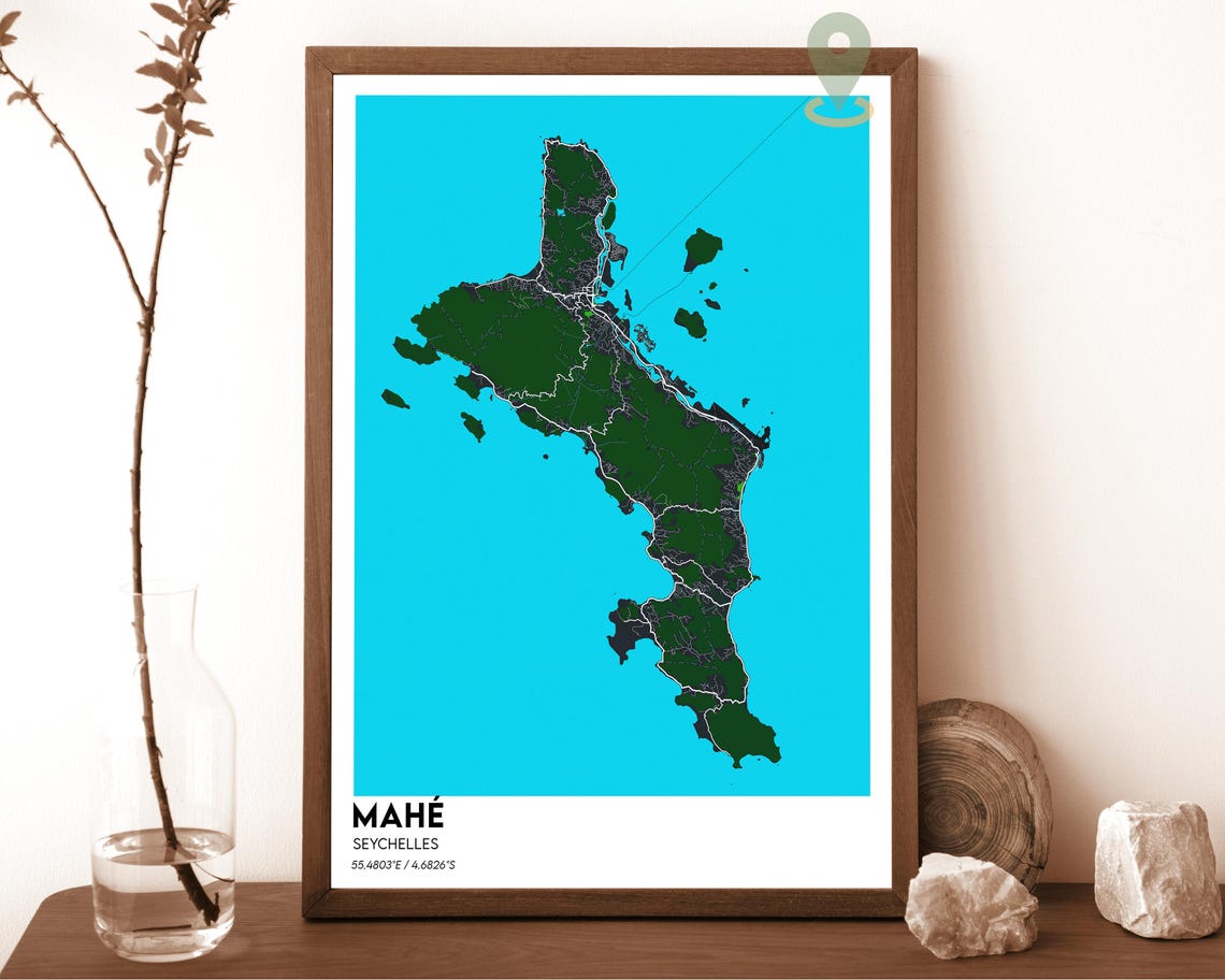 Mahé Seychelles Sunny Island Tropical Green Yellow Map Poster - Image 4