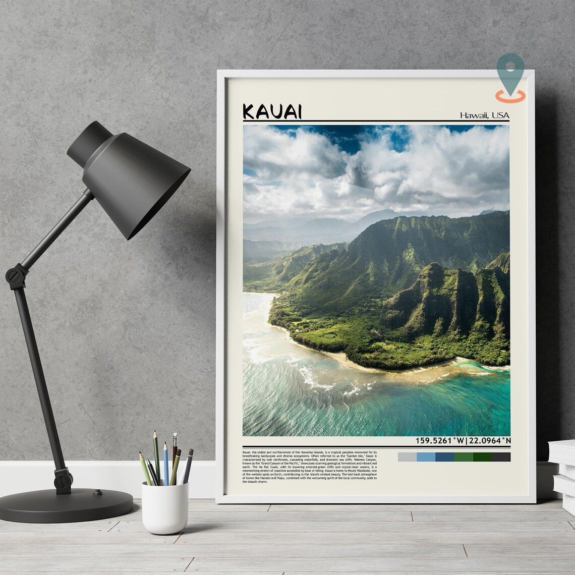 Kauai Hawaii Aerial Emerald Cliffs Ocean Coast Travel Poster - Image 4