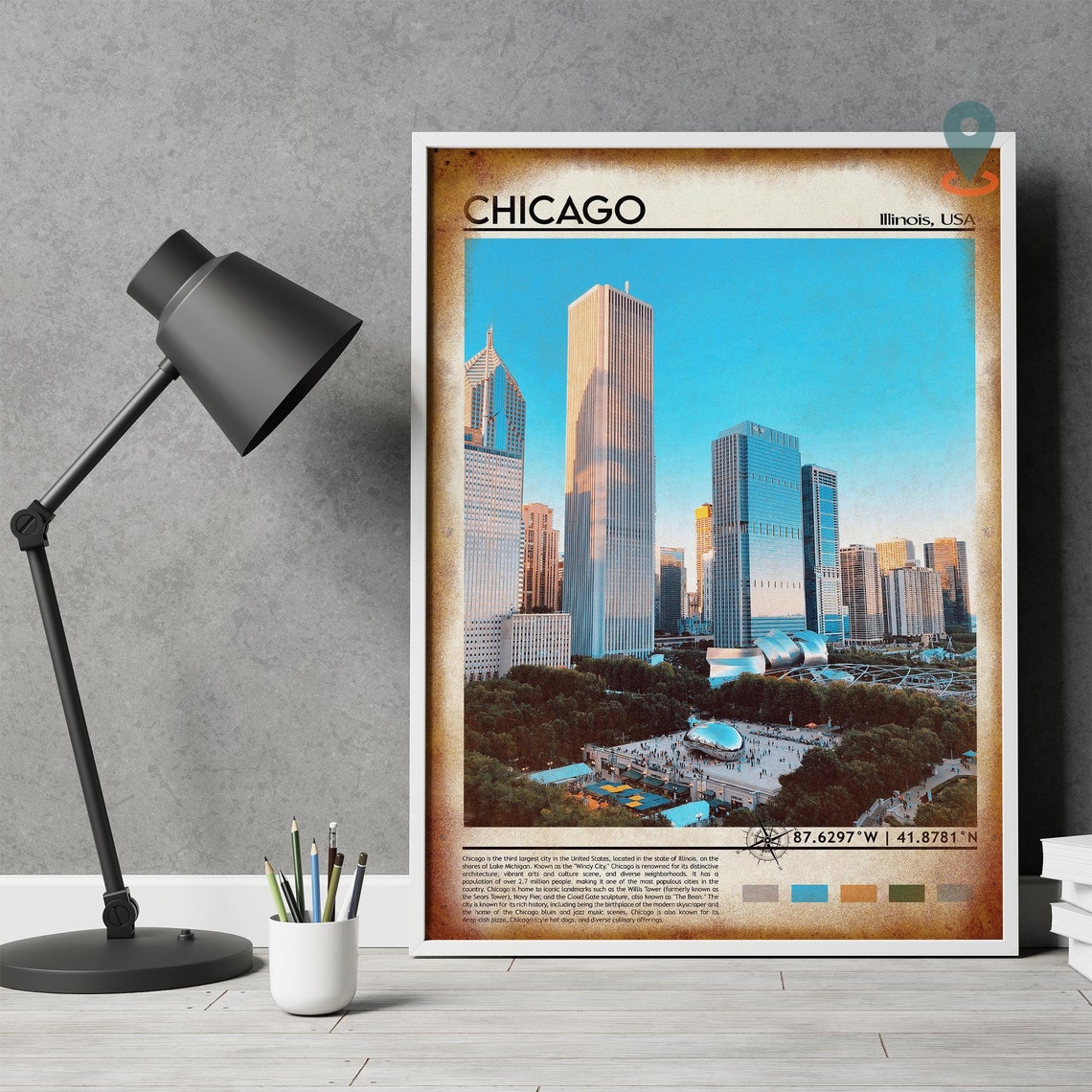 Chicago Illinois Skyline with Cloud Gate Bean Sculpture Travel Poster - Image 4